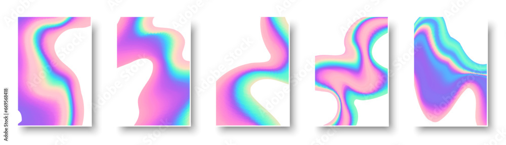 Aufkleber set of colorful hologram paper card. abstract holographic wavy gradient mesh color backgrounds.