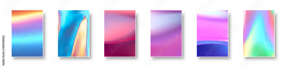 Poster set of colorful hologram paper card. abstract holographic wavy gradient mesh color backgrounds.