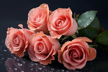 Bouquet of pink roses with water drops