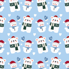 Seamless pattern features cute snowman, polar bears, and gloves on a blue background.