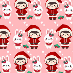 Fototapeta premium Christmas Boy and Bunny Seamless Pattern. Seamless pattern features a cute Christmas boy, Christmas bunny, and snowflakes on a pink background.