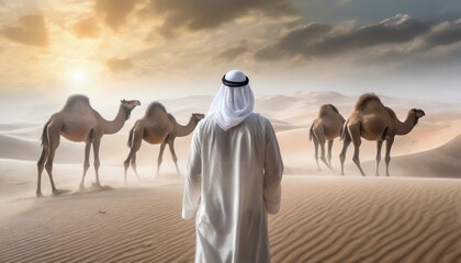 Arab model standing in the desert with camels - obrazy, fototapety, plakaty