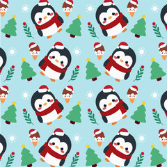 Christmas Penguin Ice Cream Seamless Pattern.Seamless pattern features cute penguins, Christmas trees, and ice cream on a blue background.