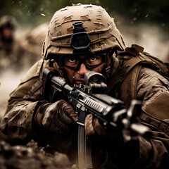 Determined soldier aiming in the pouring rain, entrenched in a rugged battlefield - obrazy, fototapety, plakaty