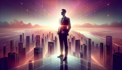 Silhouette of a businessman standing in front of a futuristic city landscape. Future vision concept. Generative AI - obrazy, fototapety, plakaty