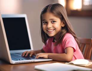 Happy smiling child studying on computer