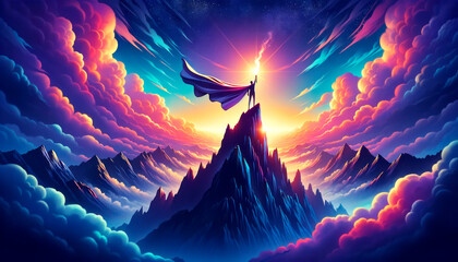 Fantasy landscape with mountains and a flying angel. Vector illustration. - obrazy, fototapety, plakaty