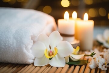 Fototapeta na wymiar Beautiful spa composition on massage table. AI Generated