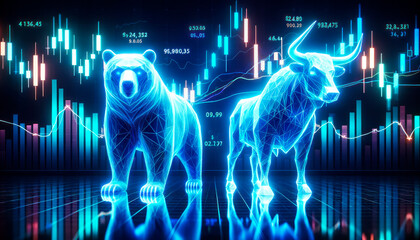 Bull bear and bear on stock market chart background. Generative AI - obrazy, fototapety, plakaty