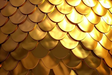 Shiny, golden mosaic wall with polished fish scale blocks. 3D rendering. Generative AI