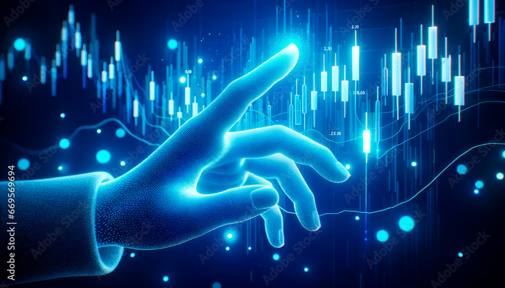 Poster close up of human hand touching virtual screen with forex chart. generative ai