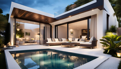 Fototapeta premium Modern villa with open plan living and a private bedroom wing with a small terrace for relaxing