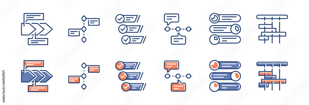 Aufkleber workflow project roadmap task timeline icon set business startup scheme progress management vector illustration for web and app