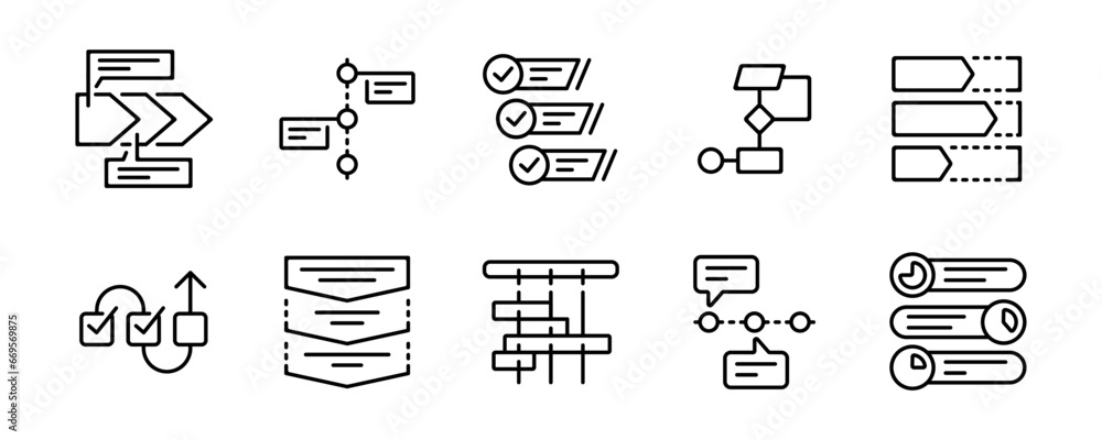 Aufkleber business workflow diagram roadmap progress icon set project management scheme flow timeline diagram presentation vector outline illustration for web and app