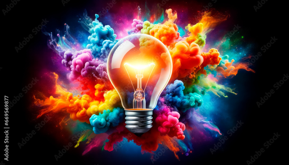 Poster glowing light bulb and colorful clouds on black background. generative ai