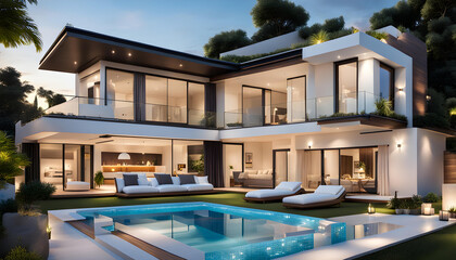 Fototapeta premium Modern villa with open plan living and a private bedroom wing with a small terrace for relaxing