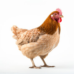 Brown hen standing profile, red comb, isolated on white.