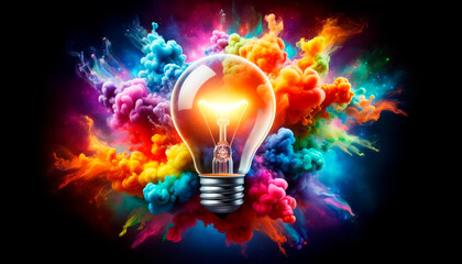 Glowing light bulb and colorful clouds on black background. Generative AI