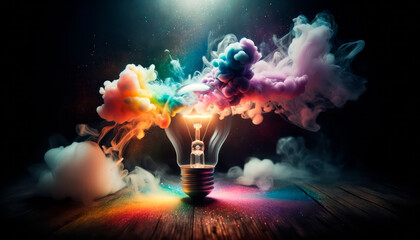 Incandescent light bulb with colorful smoke on dark background. Generative AI