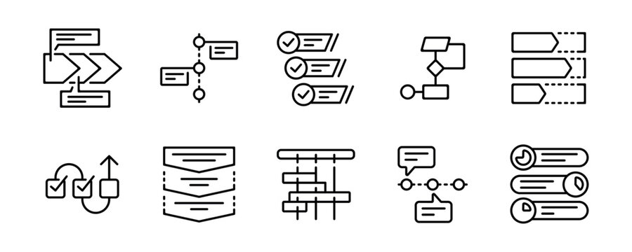business workflow diagram roadmap progress icon set project management scheme flow timeline diagram presentation vector outline illustration for web and app