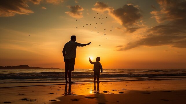 Photo of a father and son playing on the beach, sunset, father's day, 