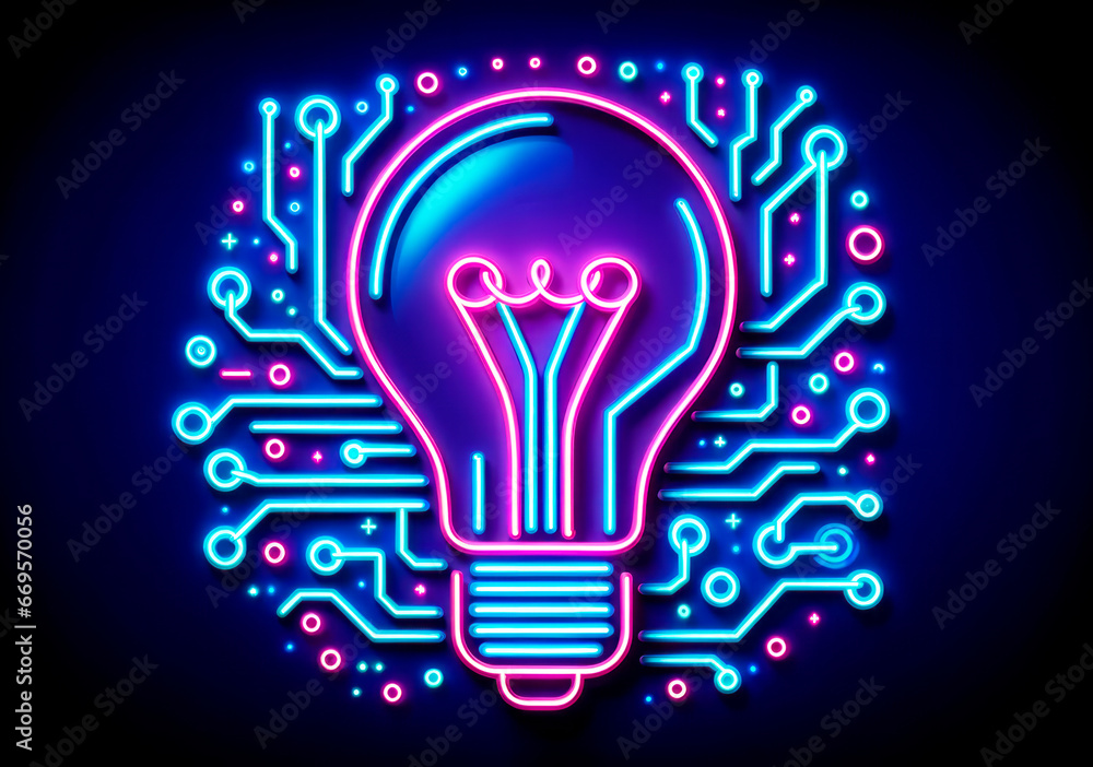 Aufkleber neon light bulb with circuit board background. generative ai