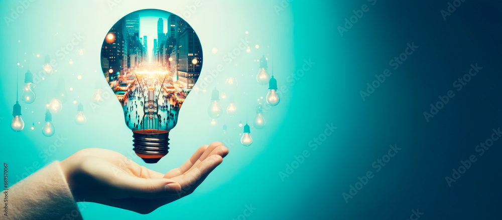 Aufkleber hand holding glowing light bulb on blue background with copyspace. idea and innovation concept. gene