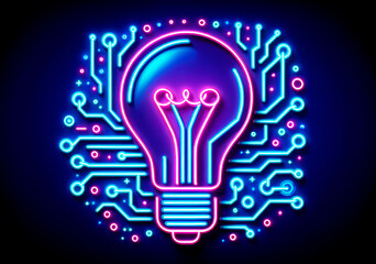 Neon light bulb with circuit board background. Generative AI
