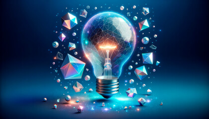 Glowing polygonal light bulb on blue background. Generative AI