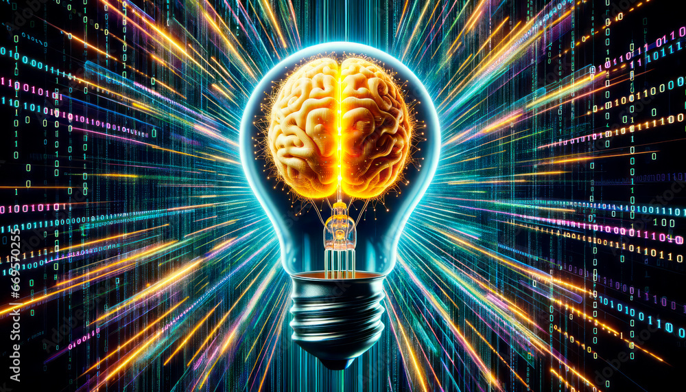 Poster human brain inside glowing light bulb on abstract background. generative ai