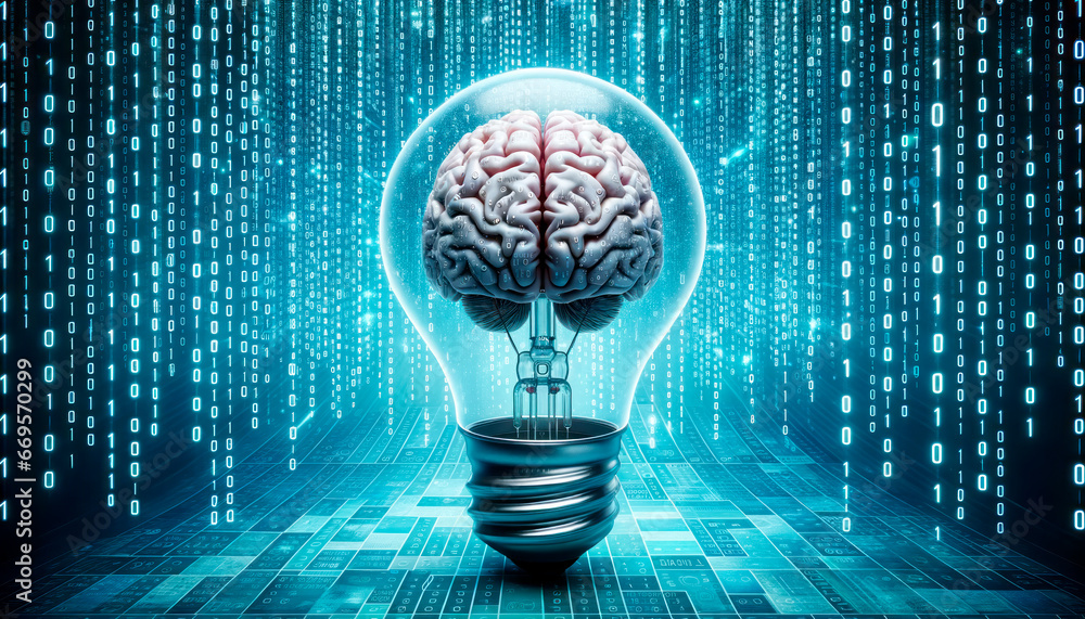 Aufkleber Human brain inside light bulb on digital binary code background. Generative AI