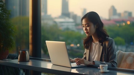 Young busy Asian business woman executive working on laptop in corporate office. 