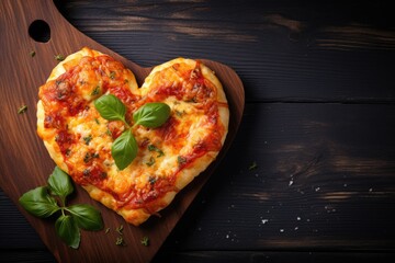 Heart shaped pizza on wooden background. AI Generated - obrazy, fototapety, plakaty