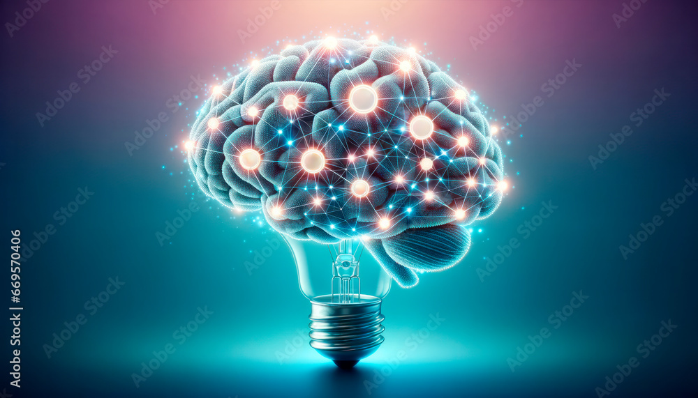 Poster lightbulb with glowing human brain on blue background. generative ai