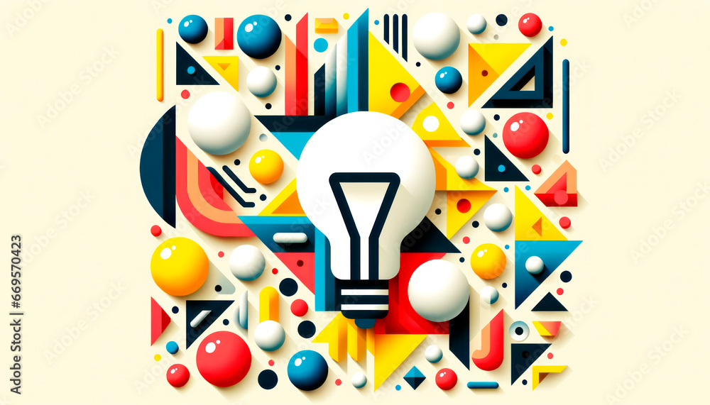 Poster creative idea concept with light bulb and geometric elements. generative ai
