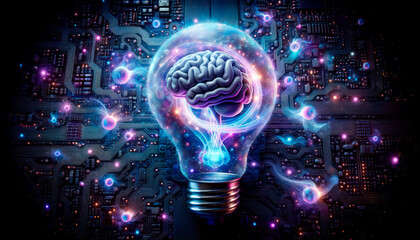 Human brain inside electric light bulb on circuit board background. Generative AI