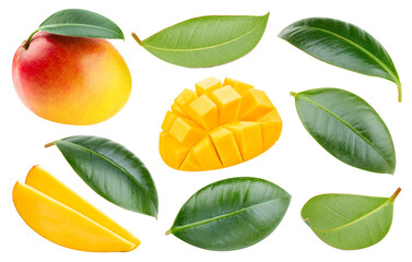 Mango fruit with mango cubes and leaves isolated on a white background. Mango with leaves clipping path