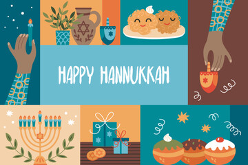 Jewish holiday Hanukkah banner design with cute hand drawn elements. Childish print for stickers, cards and invitation. Vector illustration