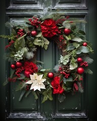 Fototapeta na wymiar beautiful christmas wreath on a wooden door - ai-generated