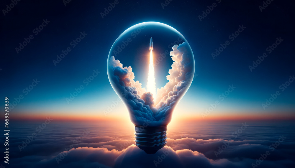 Poster Lightbulb with start up rocket in the sky. Generative AI