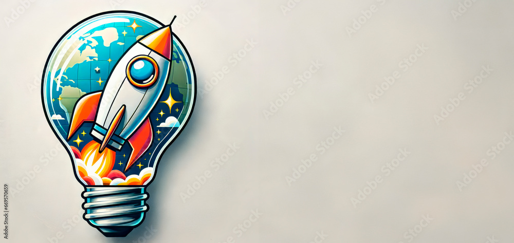 Poster Image of lightbulb with rocket flying in it against grey background. Idea start up concept. Generative AI