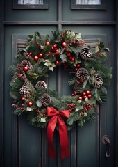 Fototapeta na wymiar beautiful christmas wreath on a wooden door - ai-generated