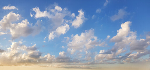 White cloud on blue sky. Panoramic idyllic atmosphere blue sky with clouds, horizon landscape skyline background