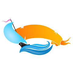 Sailing ship on blue wave and orange ribbon
