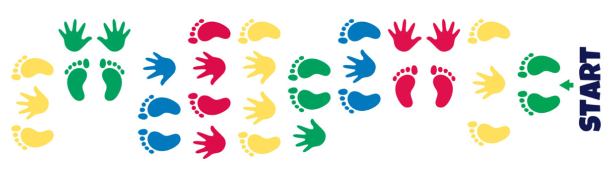 Hands and feet hopscotch game. Activity floor game.  Colorful hand and footprint. Game elements for fun active.