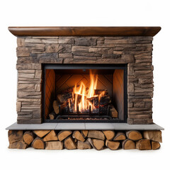 Stone fireplace with burning fire and stacked wood underneath, on white background.