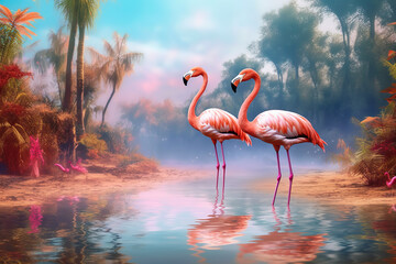 flamingos in the water