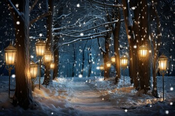 A merry winter landscape covered in delicate snowflakes and glowing lamps. Generative AI