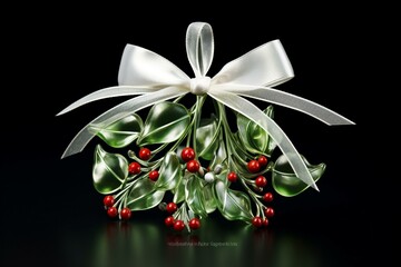 Transparent mistletoe with white berries, green leaves, and a red satin bow. A lovely holiday ornament. Generative AI