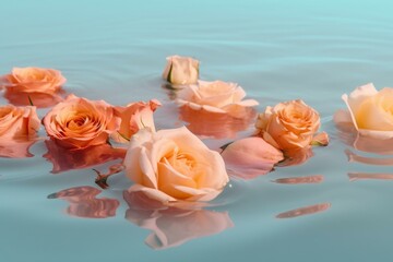 Beautiful pastel roses floating on water with flower petals, representing minimal floral love on Valentine's Day. Generative AI
